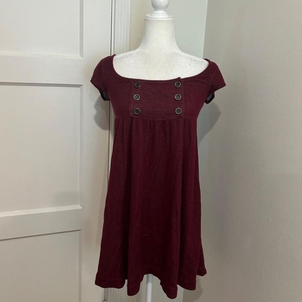 Vtg 90s Free People Women's Burgundy Babydoll Short Sleeve Dress Small